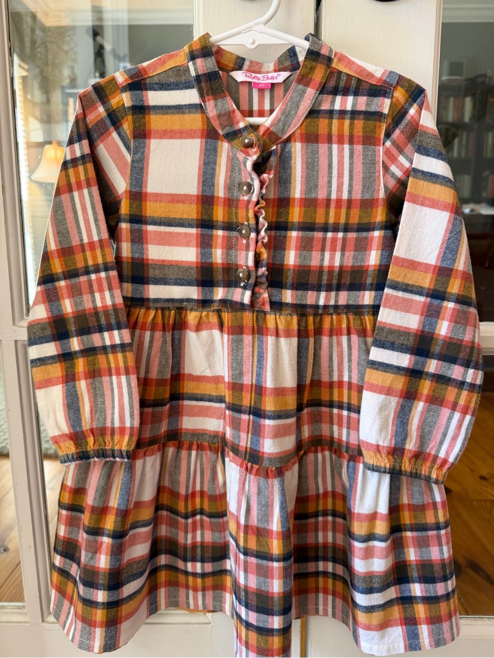 RuffleButts Girls Plaid Tiered Dress in Mustard, Orange & Navy
